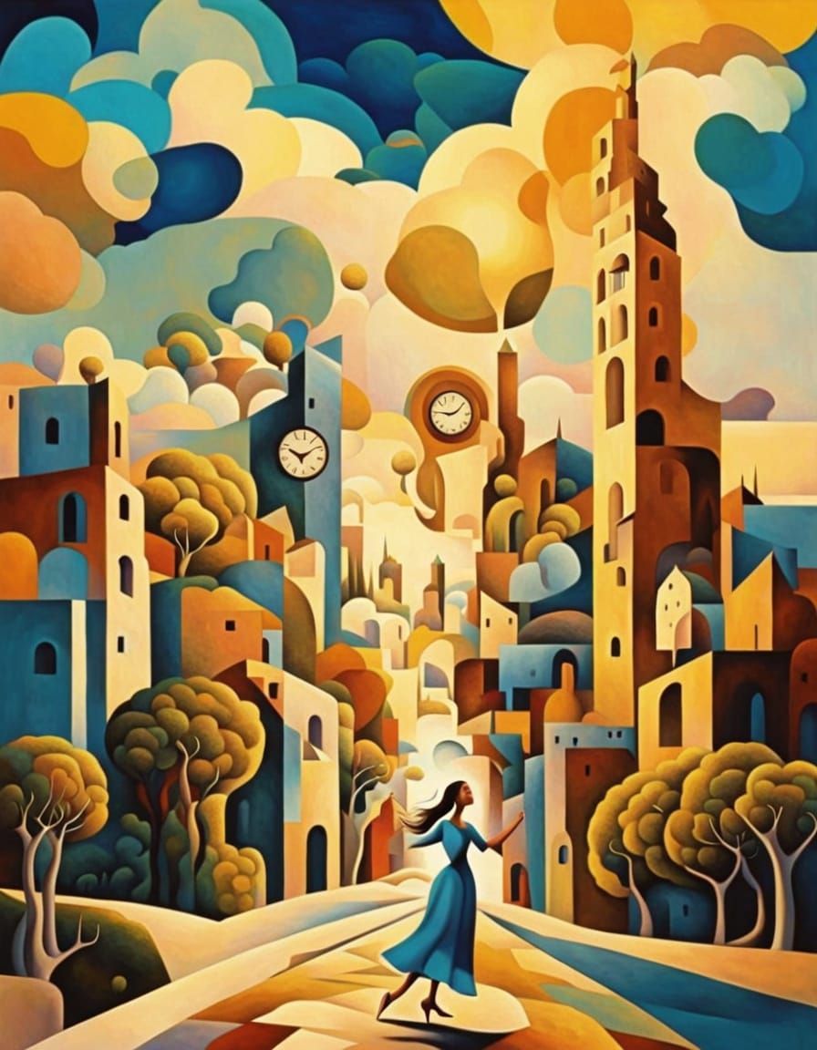 Surreal Landscape with Dancing Woman in Dali Style