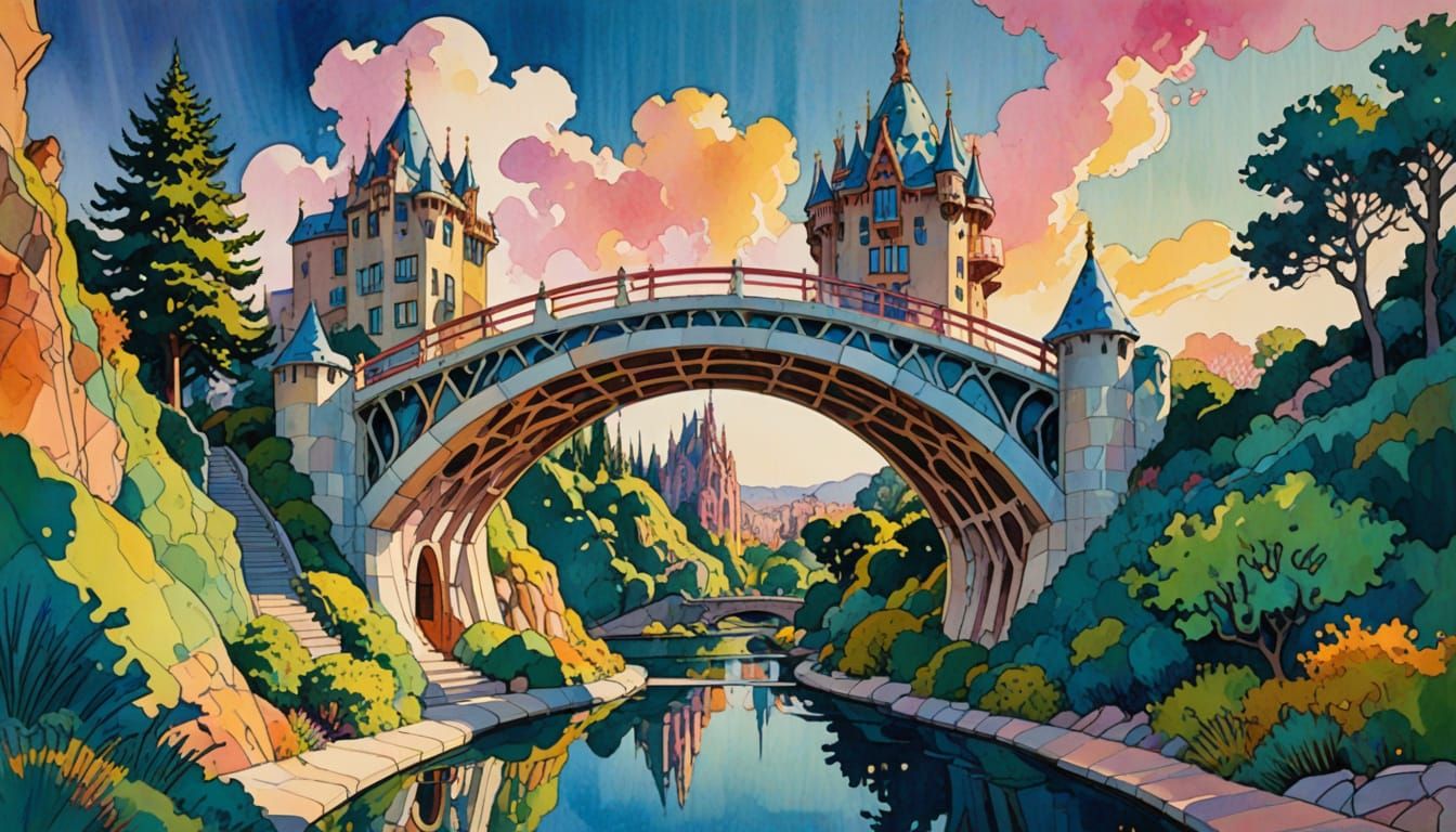 Vibrant Bridge Design in Mixed Artistic Styles