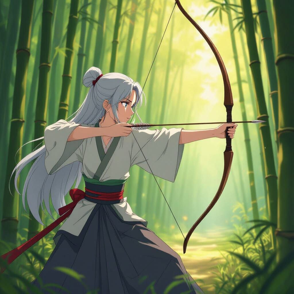 Anime. Wide shot. A serene anime woman with long silver hair...