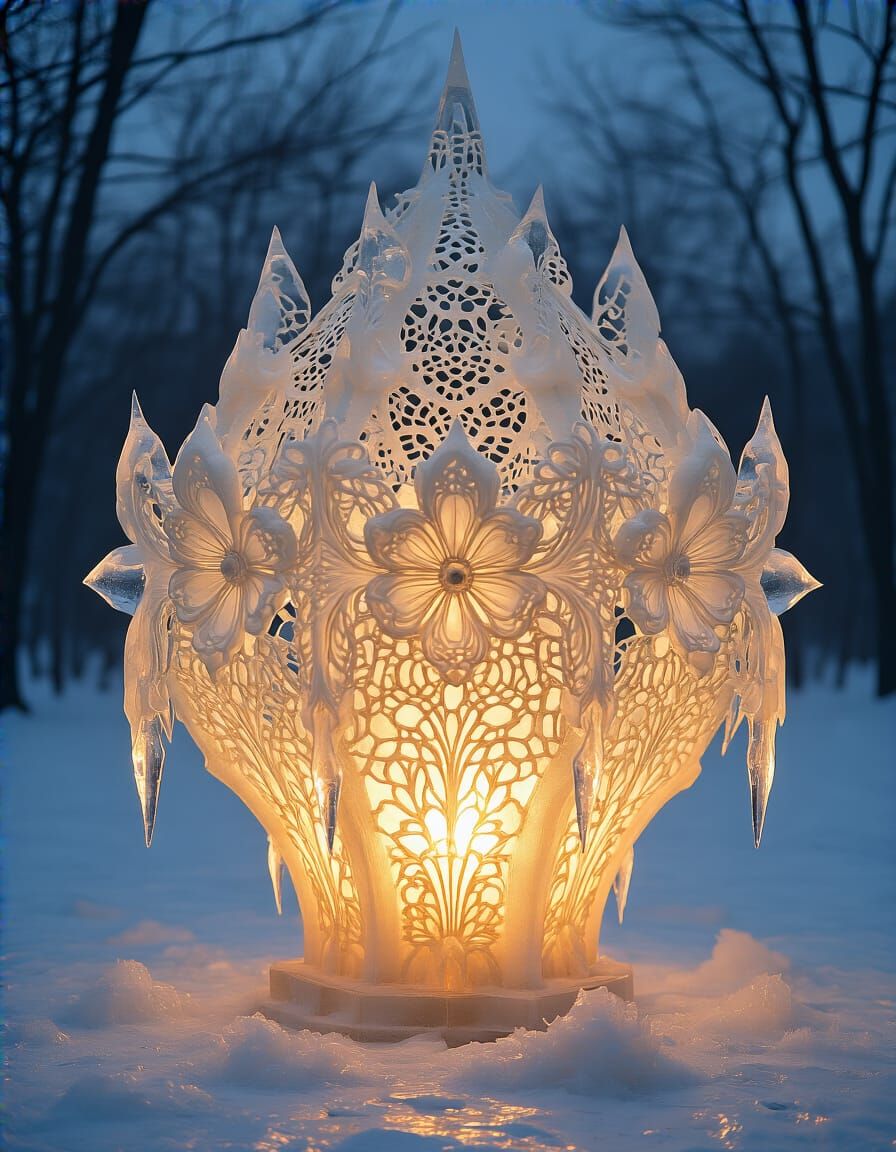 Glowing Ice on Fire Antique Lace Lantern in Mirrored Outdoor...