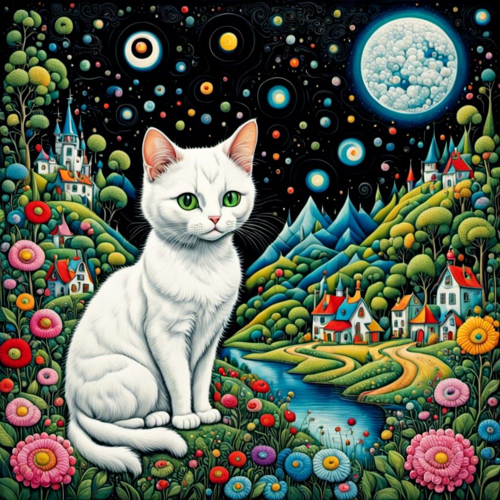 Surreal White Cat in Pop Surrealist Village