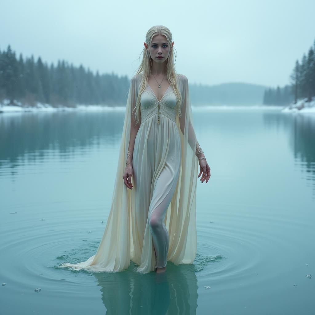 Mystic Elf Emerges from Winter Lake: Digital Art