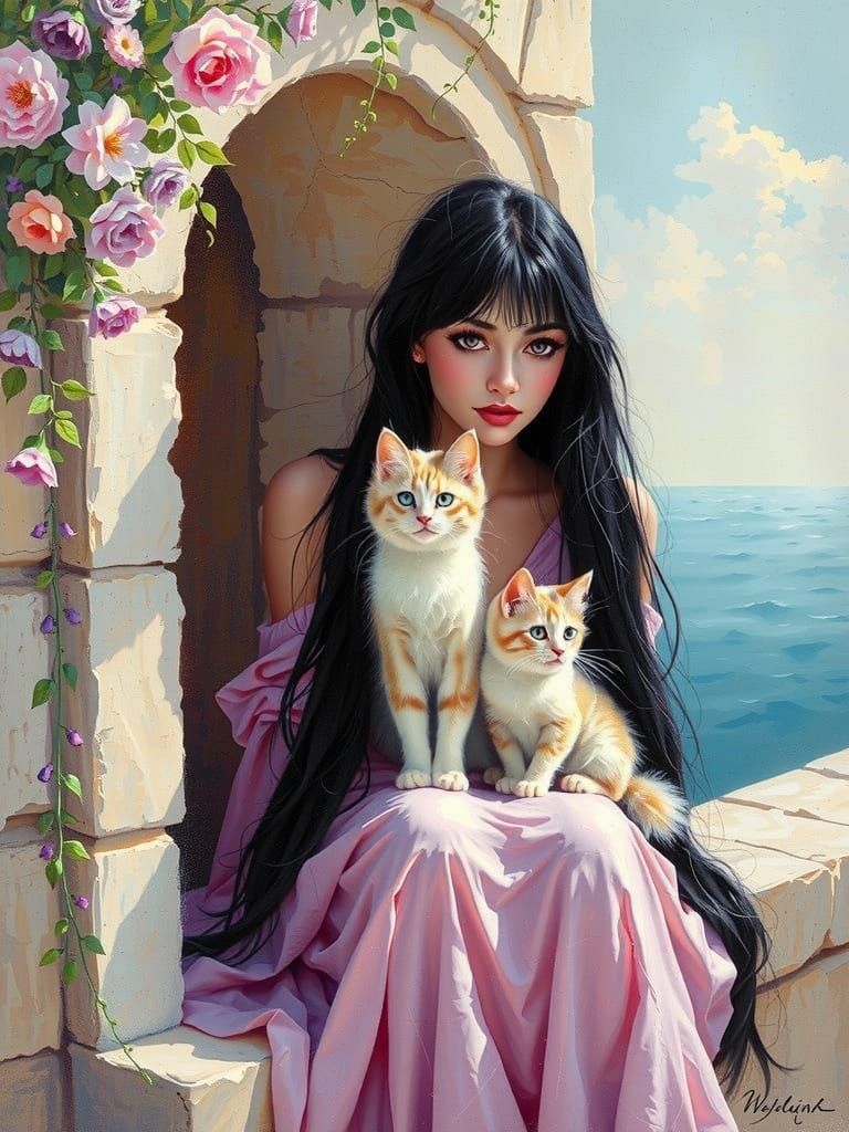 In a gouache painting of a melancholy Greek  Goddess with lo...