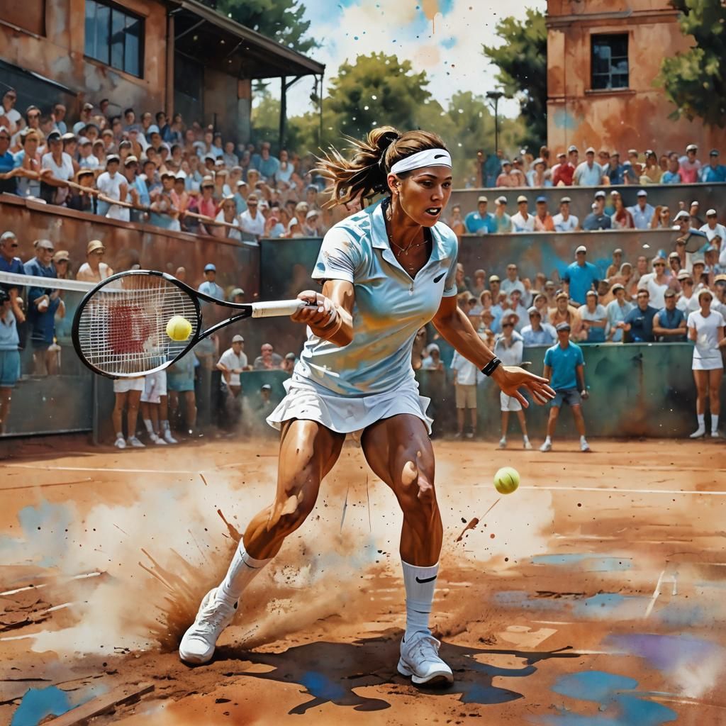Tennis Player in Watercolor Double Exposure Style