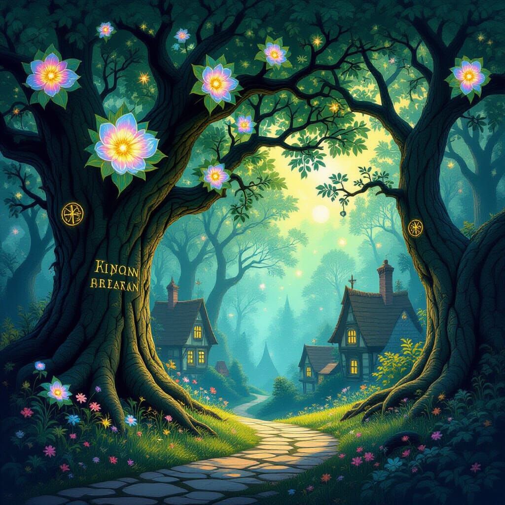 Enchanted Forest Village With Cosmic Flowers