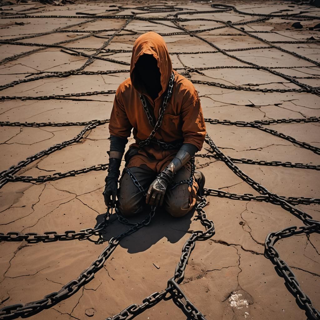 Surreal Post-Apocalyptic Wasteland with Chained Figure