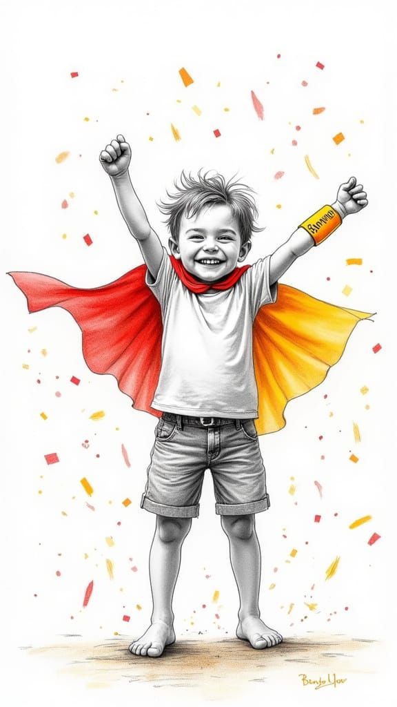 Triumphant Child in Colorful Cape Illustration