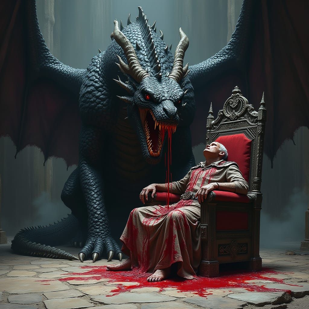 Gothic Black Dragon Devours King in Dark Fantasy Scene