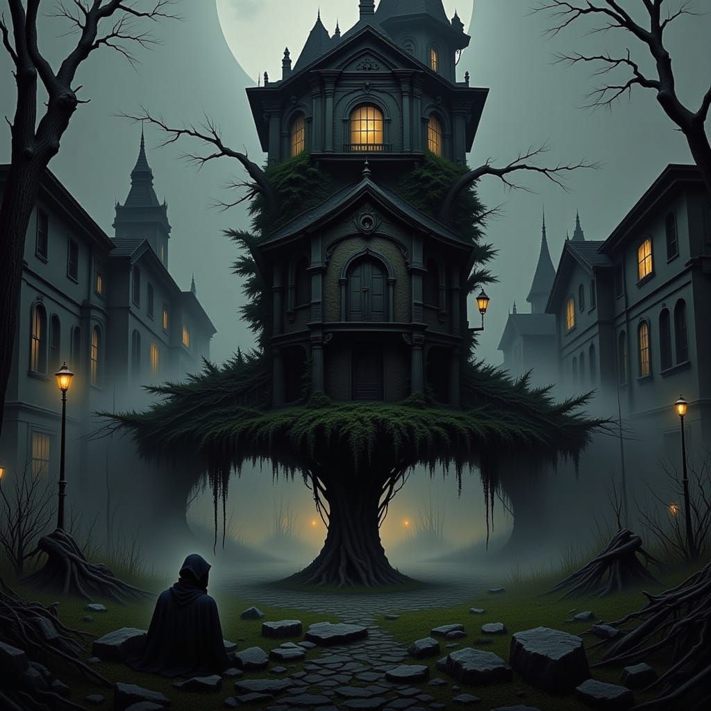 Eerie Ghost Town Landscape with Abandoned Buildings