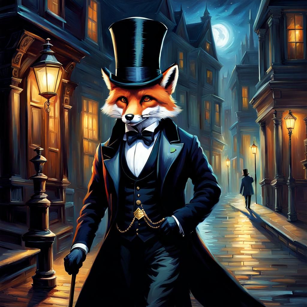 Victorian Fox Gentleman Walking at Night