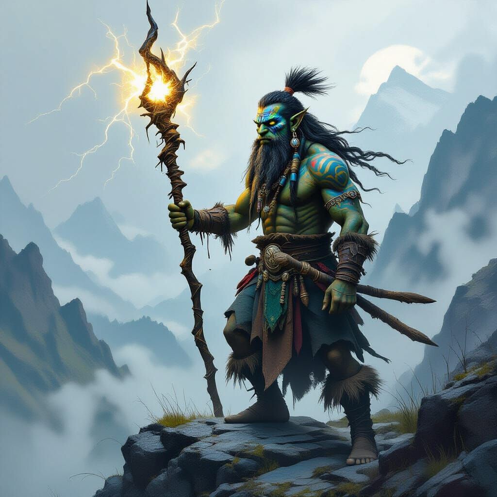 Orc Shaman on Mountain Peak in Dark Fantasy Style