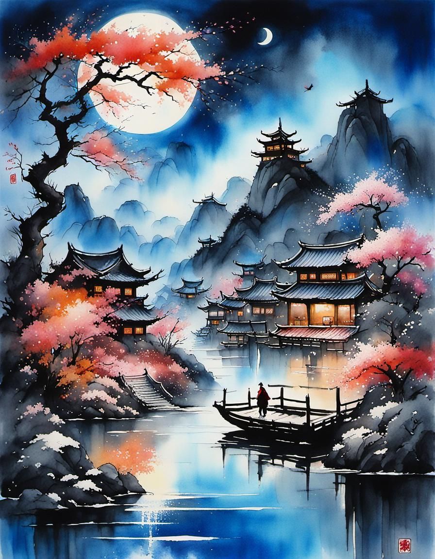 Winter Echoes: Chinese Ink Painting with Sakura