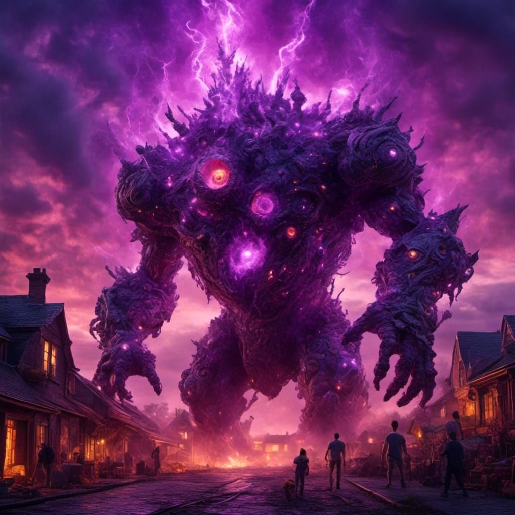 Eye Golem Emerges in Burning City