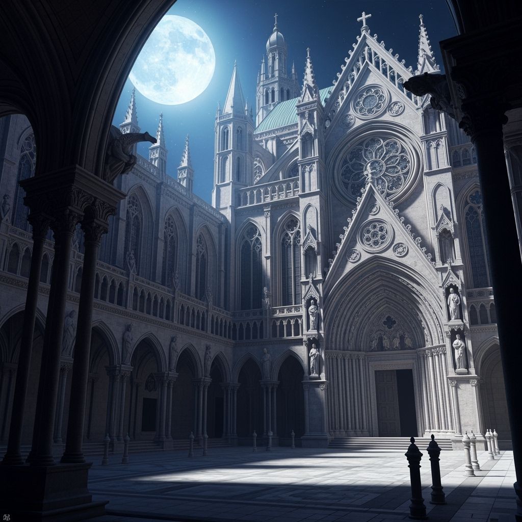Moonlit Renaissance Cathedral Courtyard
