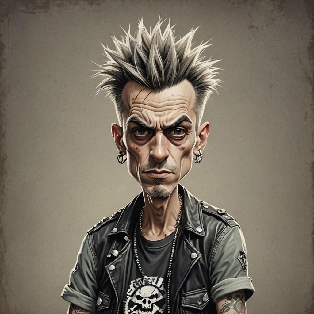cool male punk rocker, a funny caricatured, soft thin pencil style, muted colors, factured, short focus, vanishing point...