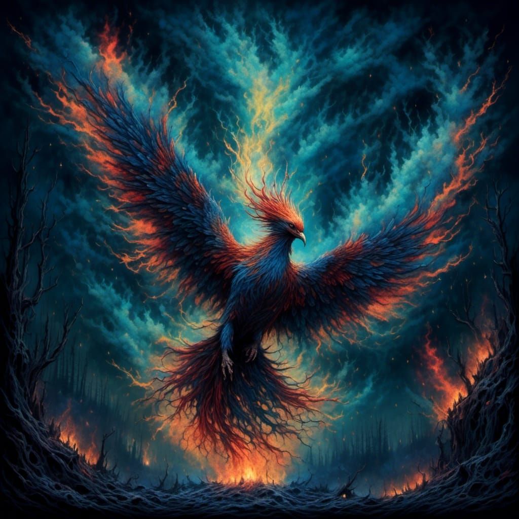 Blue Phoenix Rising from Ashes in Fantasy Art
