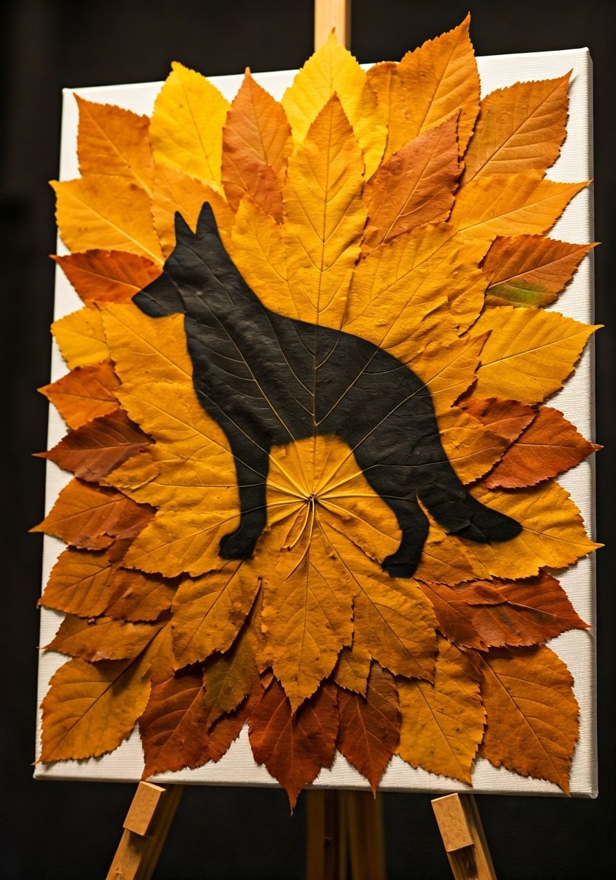 Autumn Leaf Mosaic with Spray-Painted Dog