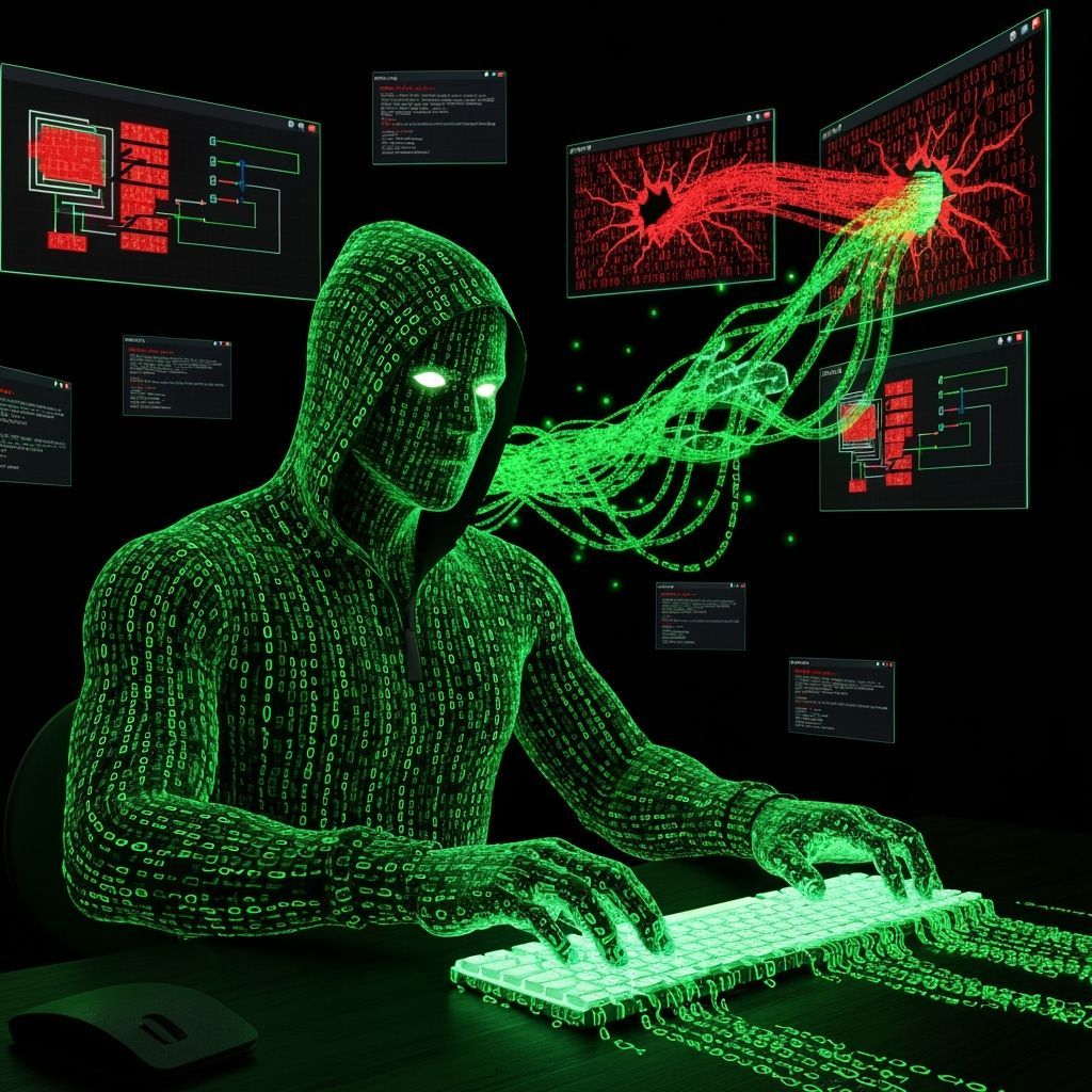 Hacker Breaching Firewalls in Cyberpunk Style