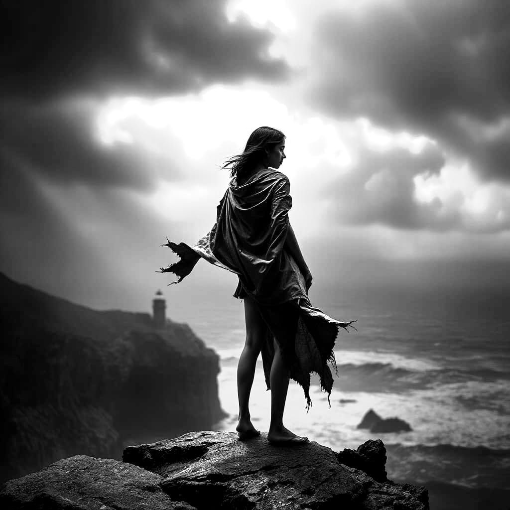 Dark Fantasy Filipina Woman on Windswept Cliff