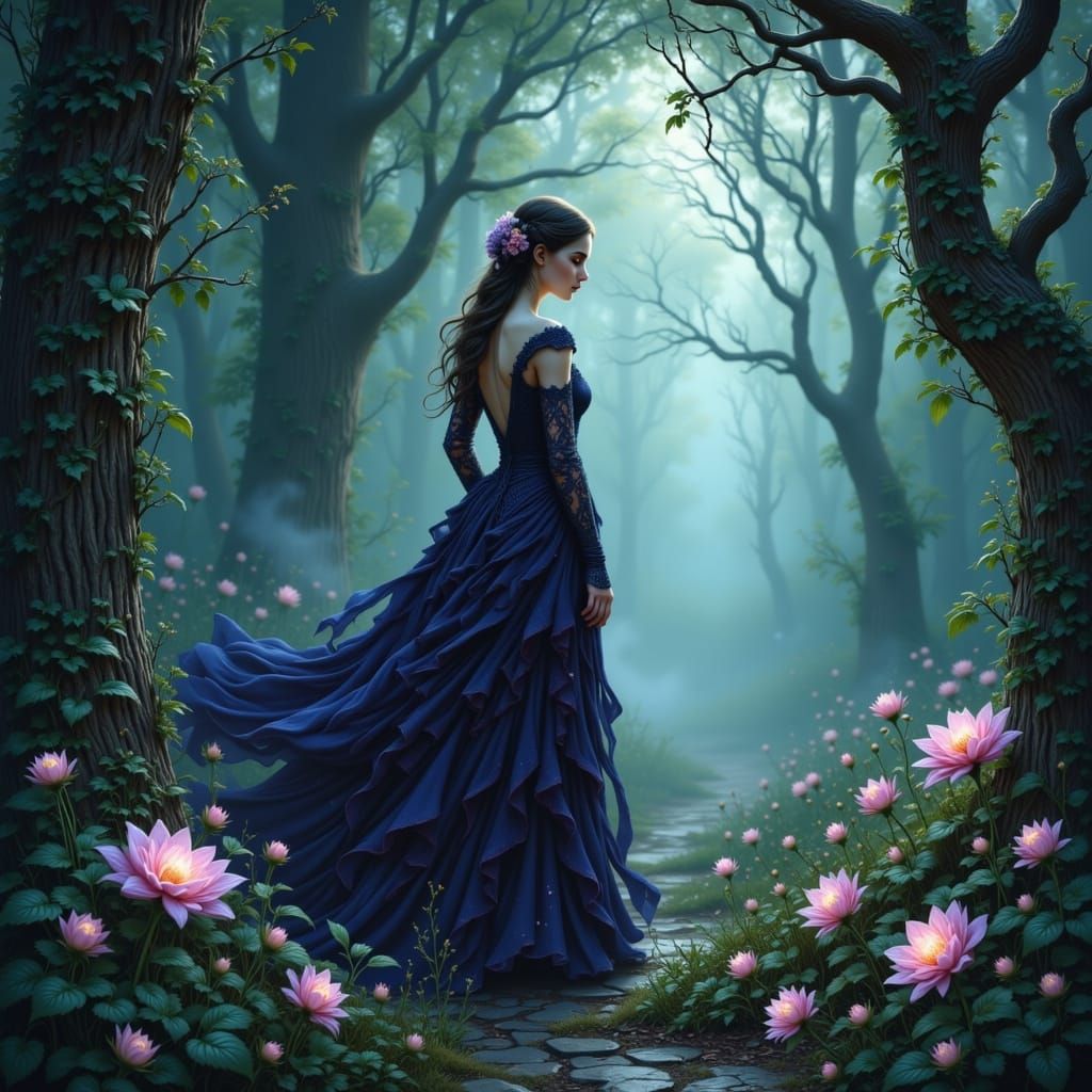 Woman in Misty Forest with Luminescent Flowers