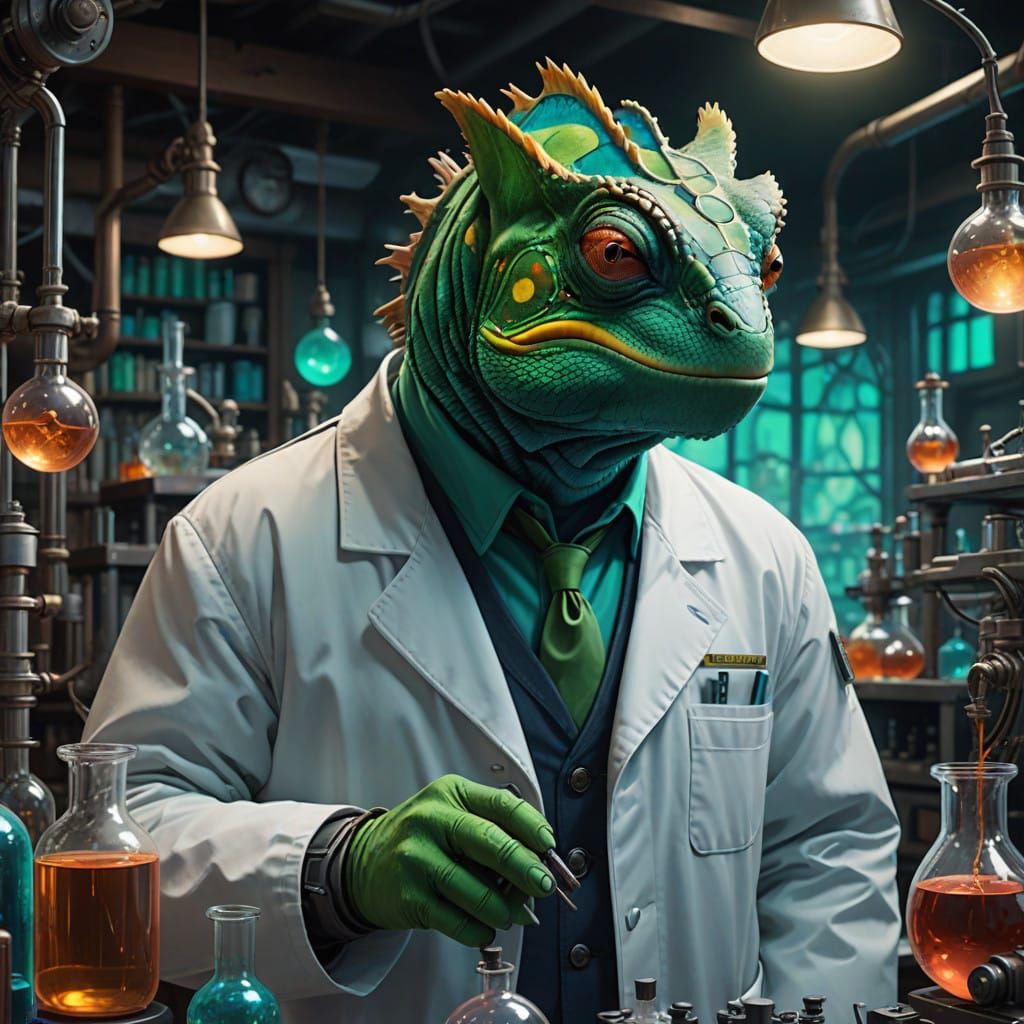 Steampunk Scientist in a Whimsical Lab