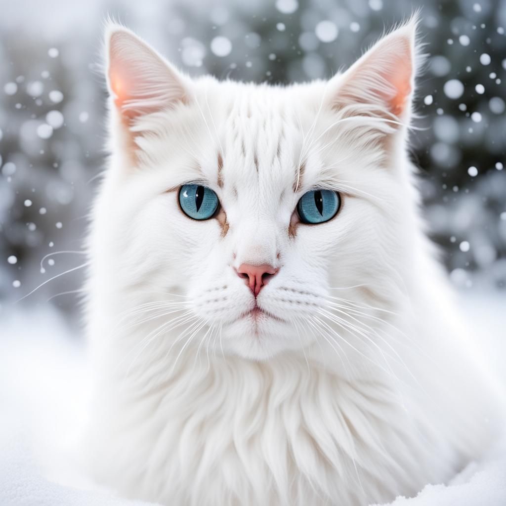 White Cat in Lace Amidst Winter Snow