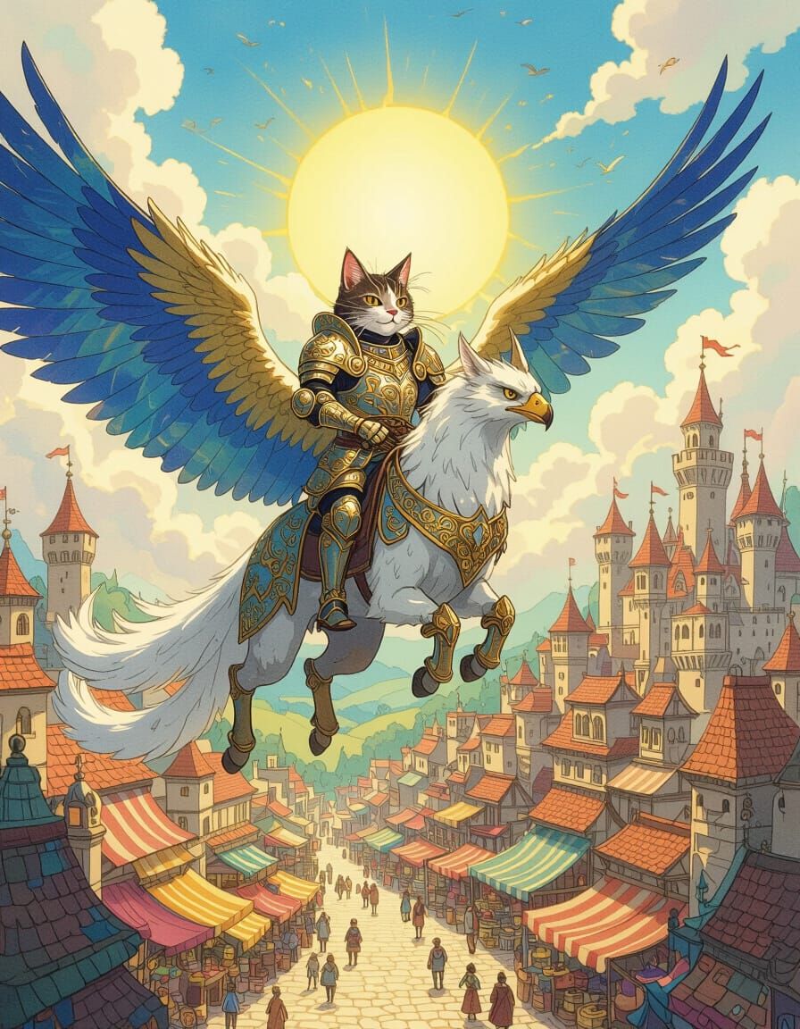 Armored Cat Knight Soaring on Griffin Above Kingdom