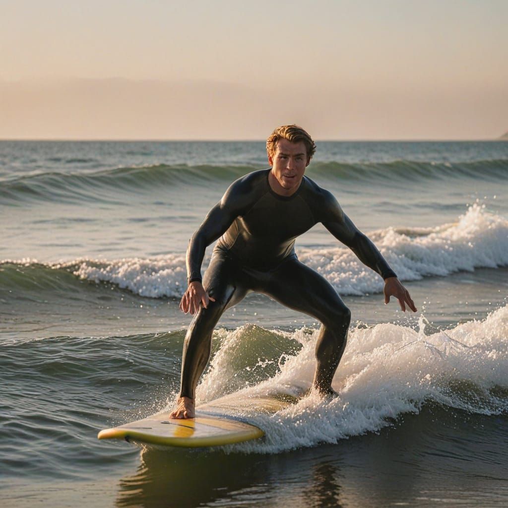 Surfer Rides Waves at Sunset in Golden Hour
