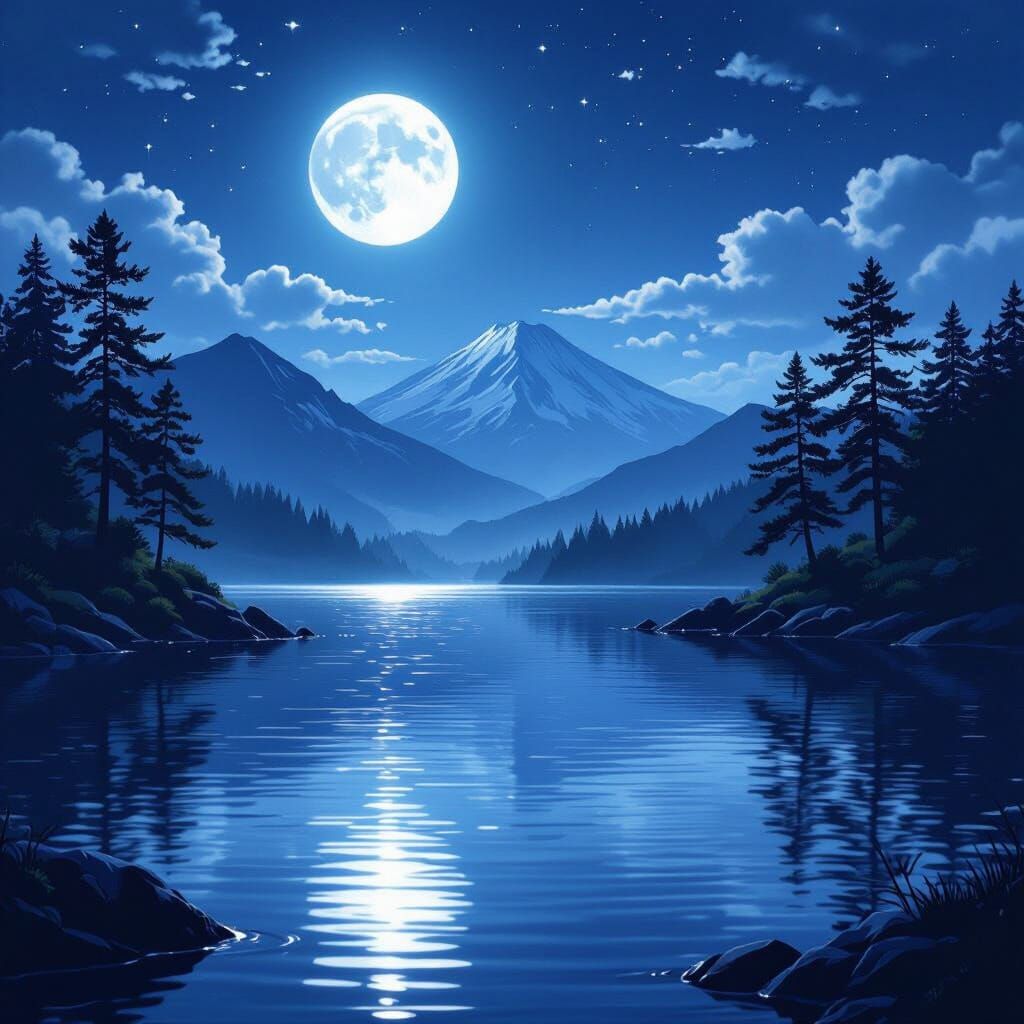 Serene Mountain Lake Under Full Moon in Anime Style