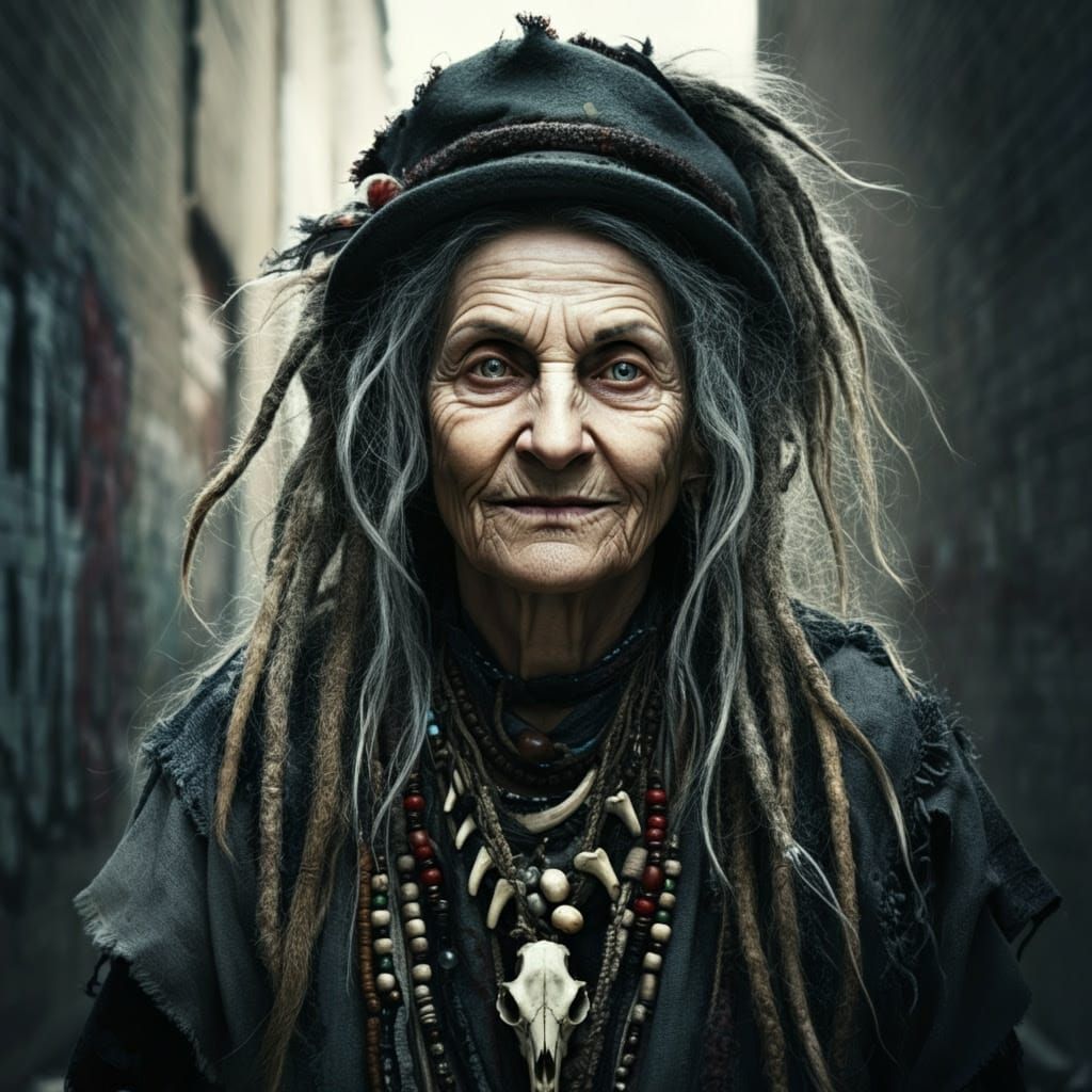 Mysterious Elderly Shaman in Decaying Alley Portrait