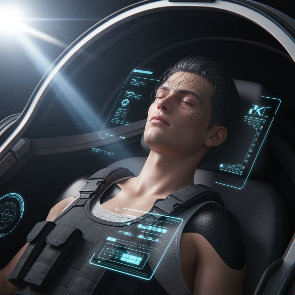 Cyberpunk Figure Reclined in Pod with Holographic Interface