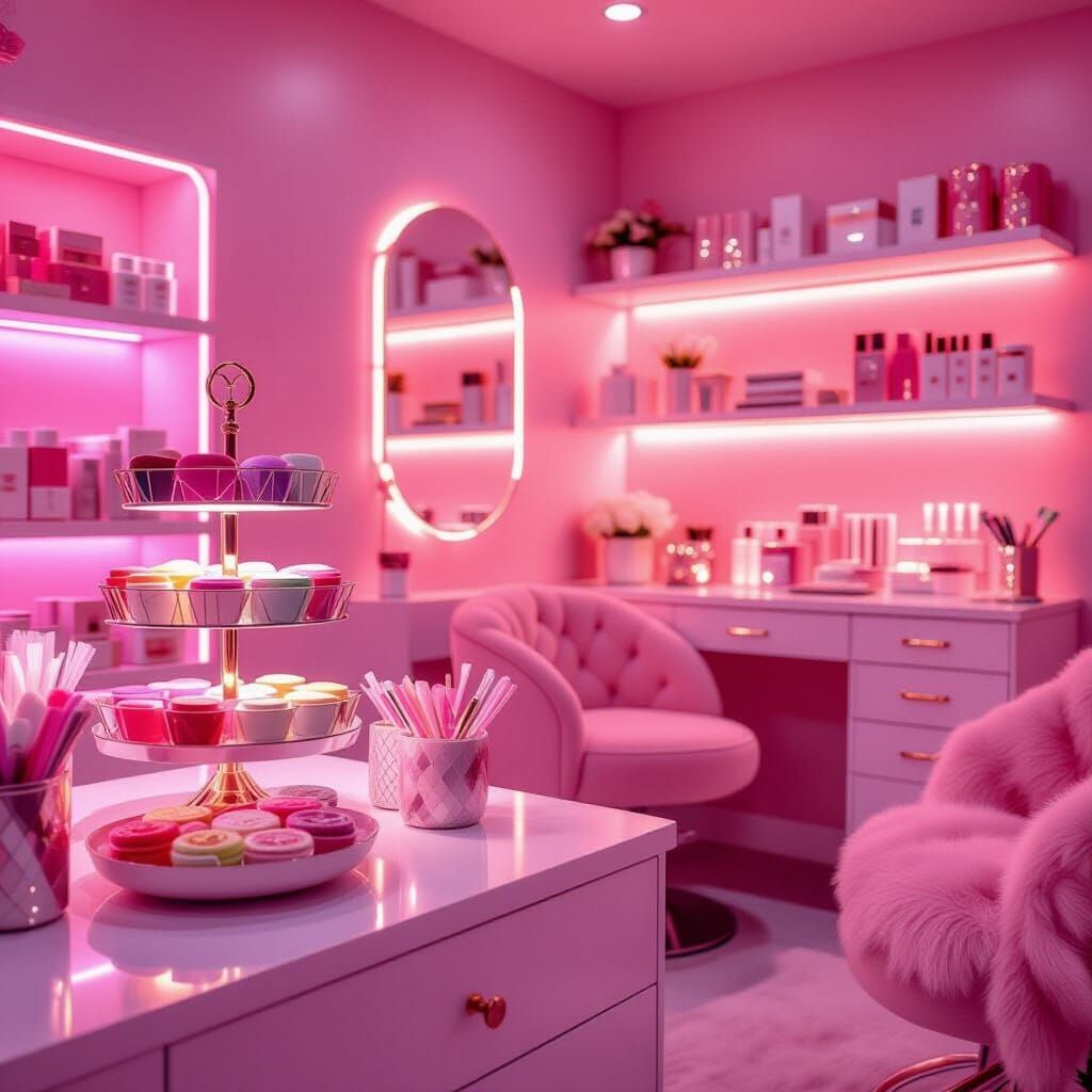 Chic Pink Lash Tech Room with Snack Station