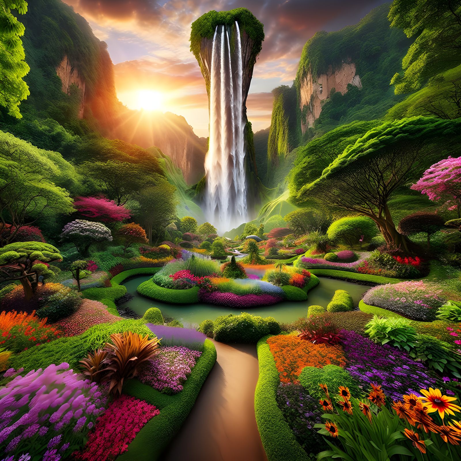 Springtime Waterfall Scene with Vibrant Flowers in a Lush Gr...