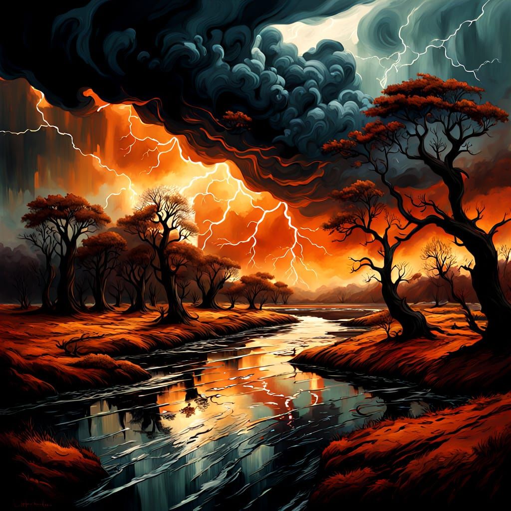 Surreal Fantasy Landscape Under Stormy, Fiery Sky