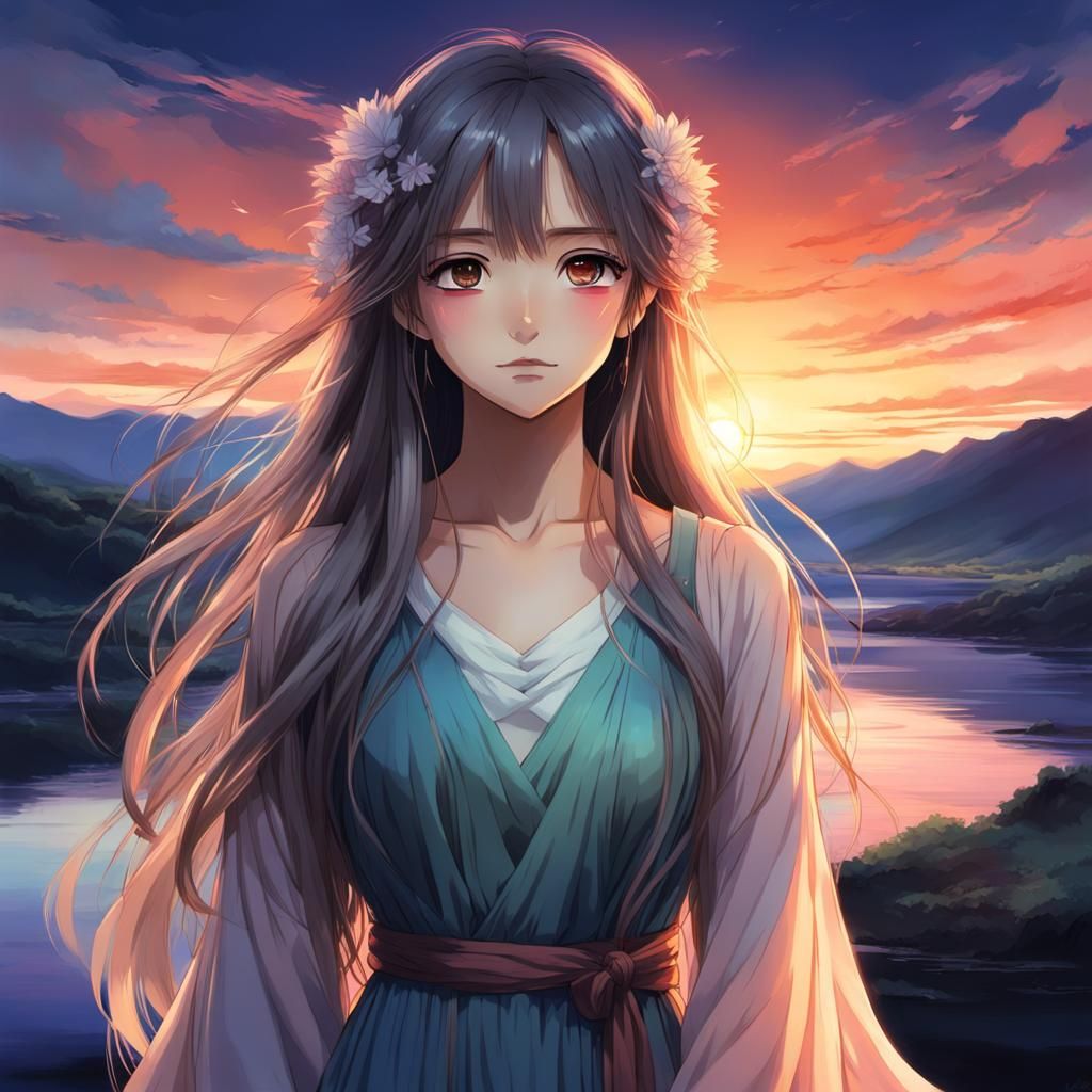 Anime Girl Portrait in Sunset Landscape