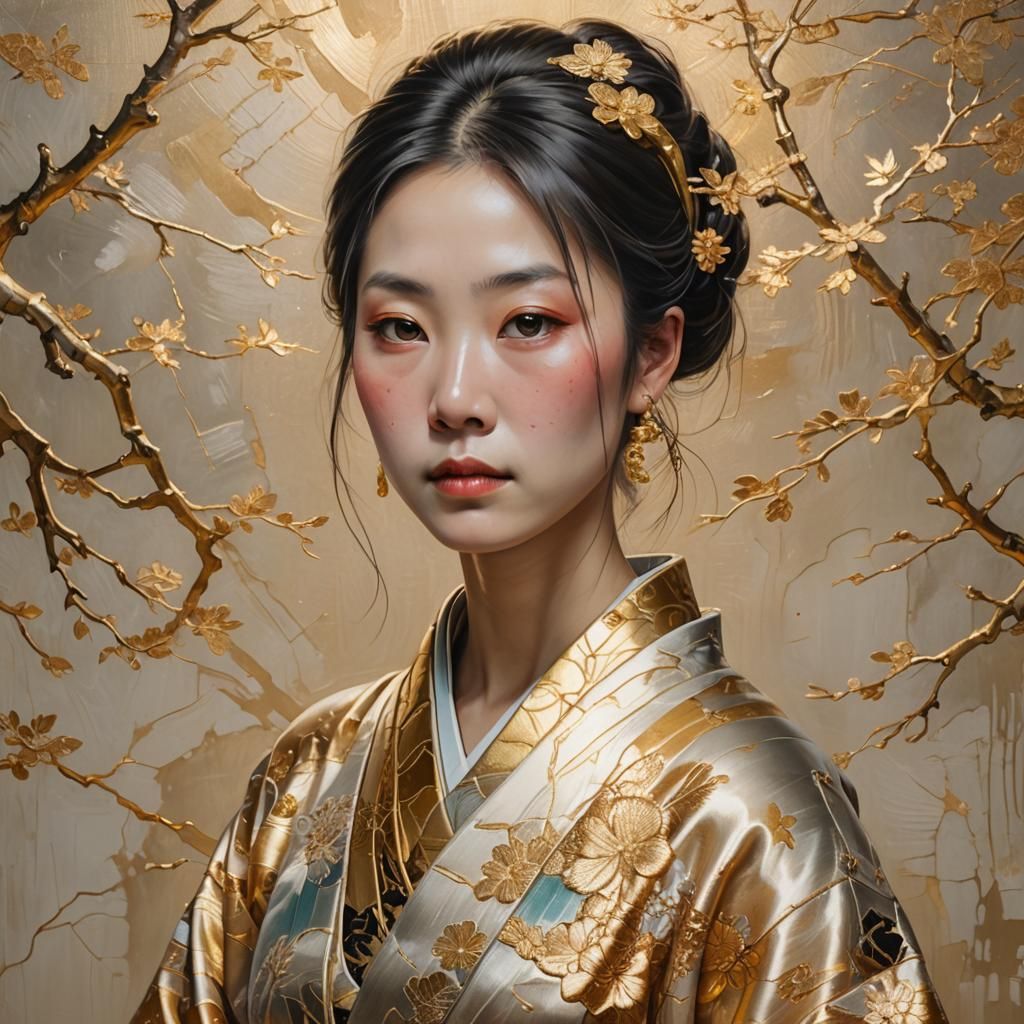Kintsugi Woman in Kimono Oil Painting