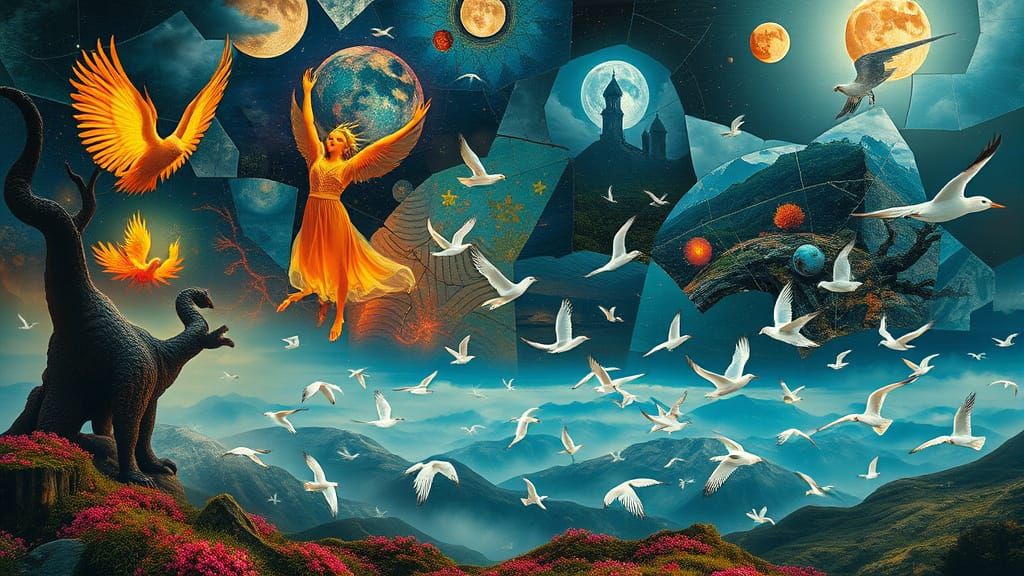 Surreal Collage: Mythical Creatures in Dreamlike Landscape