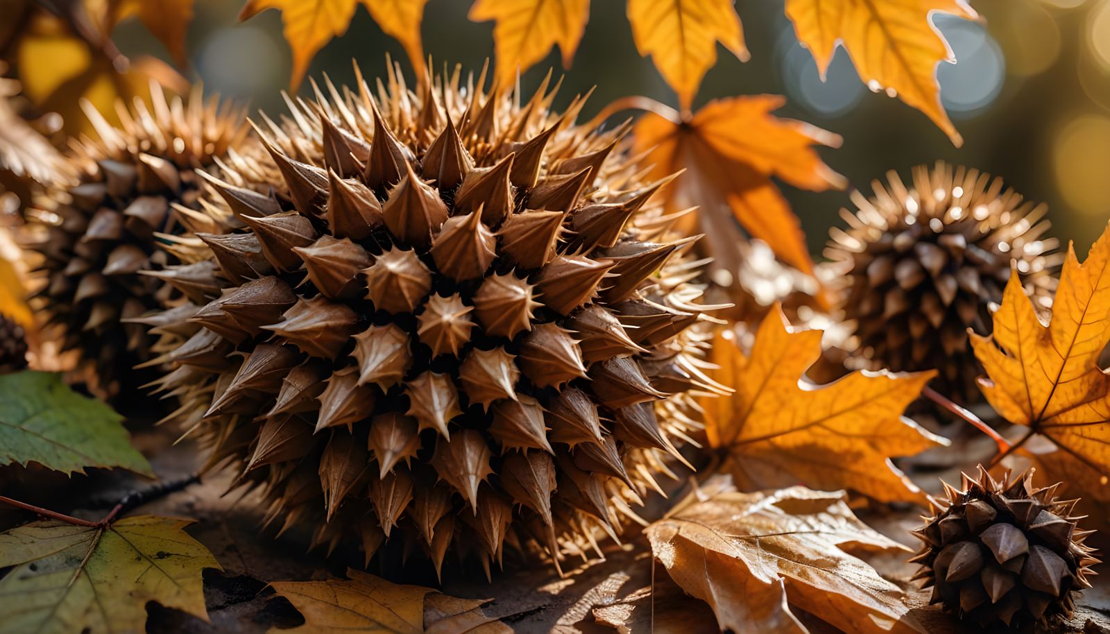 Autumnal Close-Up: Chestnut Burrs and Colorful Leaves