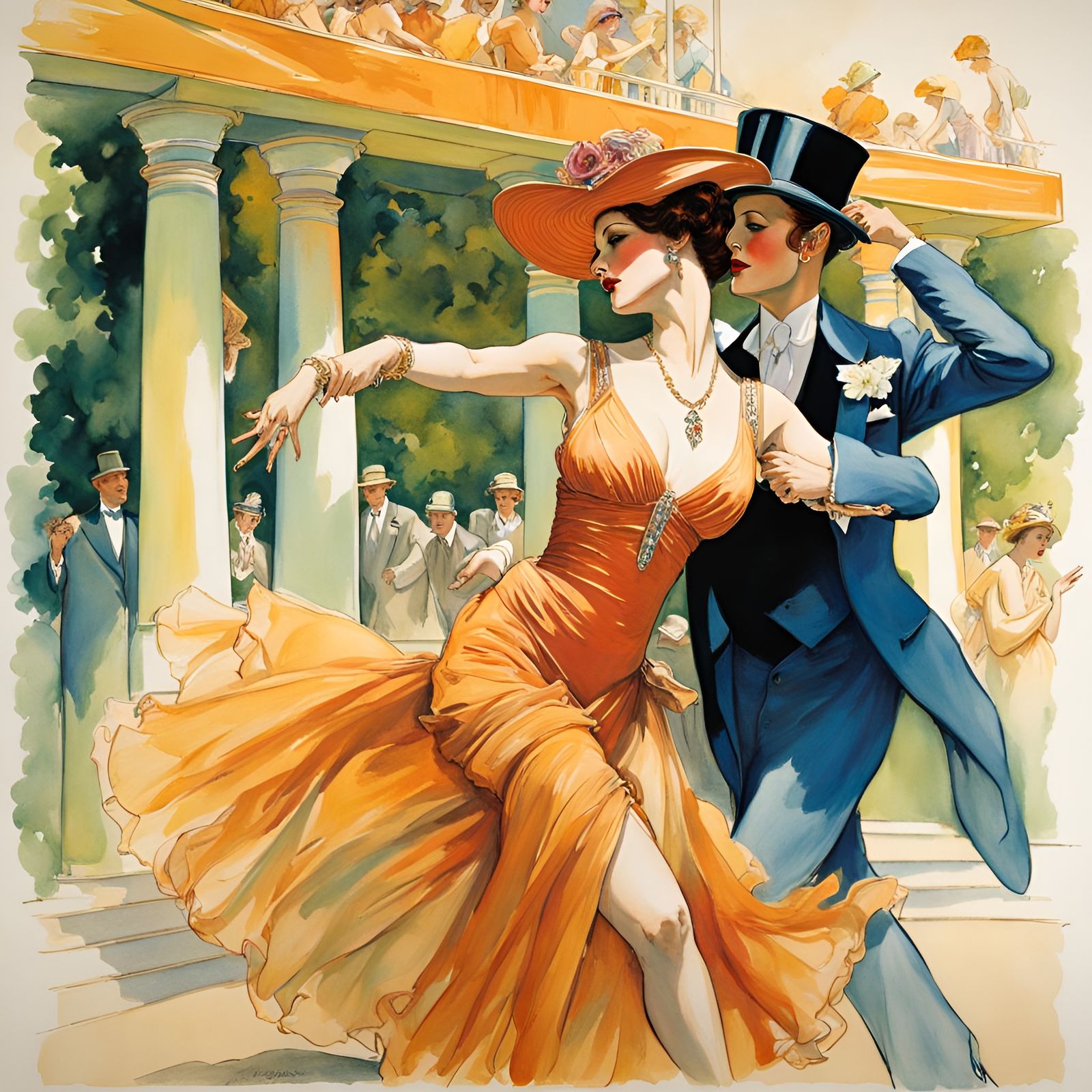 Art Deco Woman Dancing in Dancehall, Colorful Art