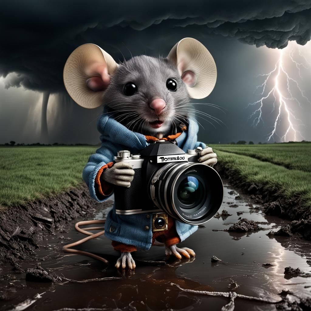 Hyperrealistic Chibi Mouse Photographer Captures Tornado