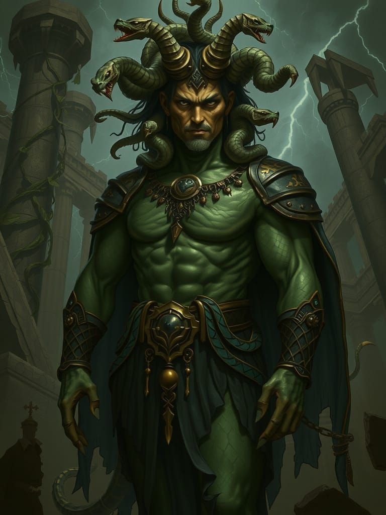 Serpentine King in Ruined Temple, Dark Fantasy Art