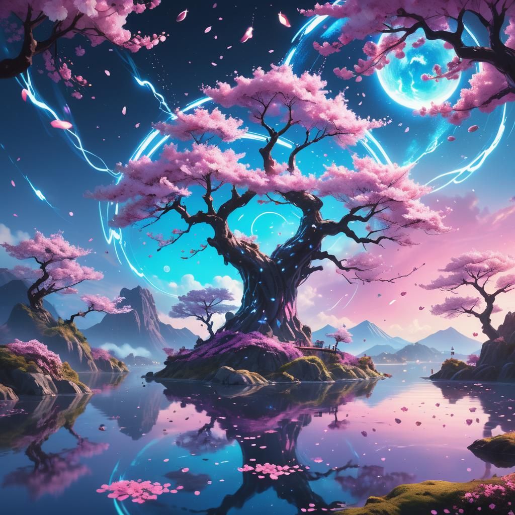 Cosmic Cherry Blossoms in Surreal Anime Style
