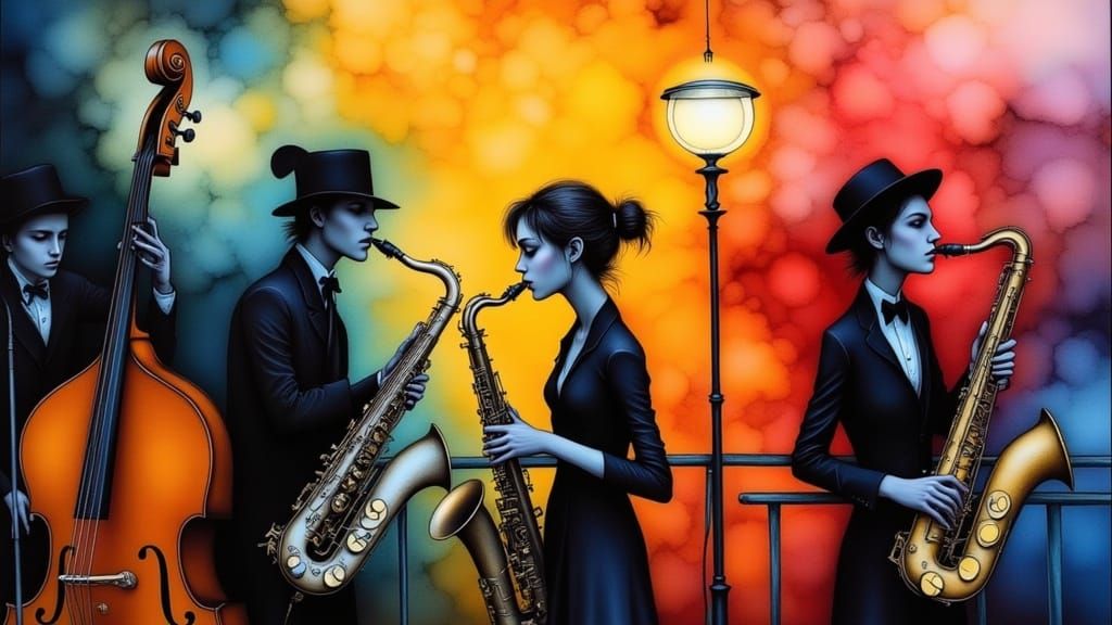 Ethereal Jazz Ensemble in Vibrant Watercolor Splashes