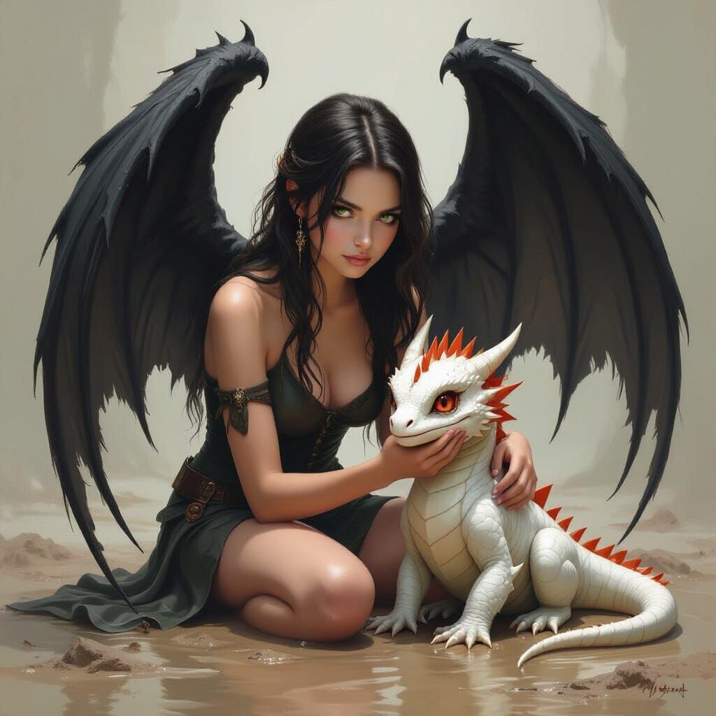 Dark-Haired Angel Girl With Black Wings & Dragon