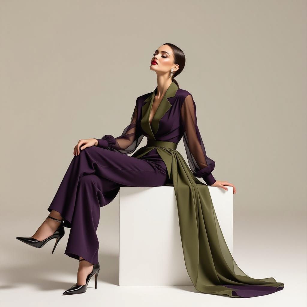 Elegant Female Model in Plum Outfit, Studio Shot
