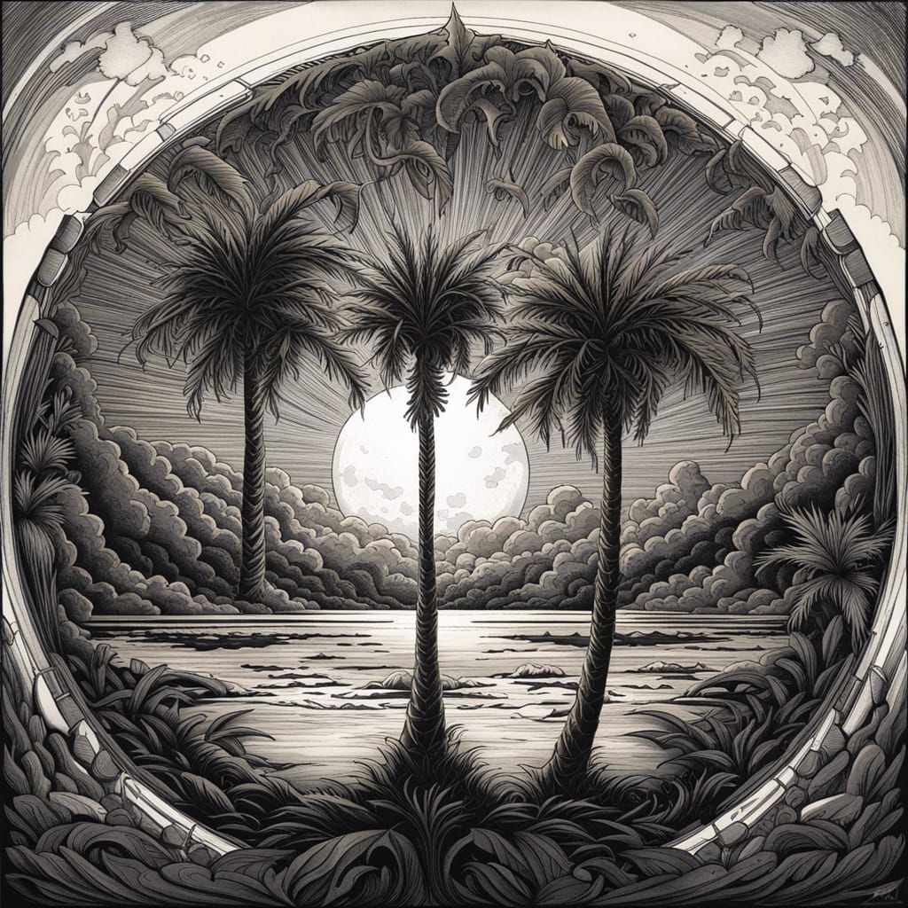 Intricate Ink Drawing of Palm Tree and Moon