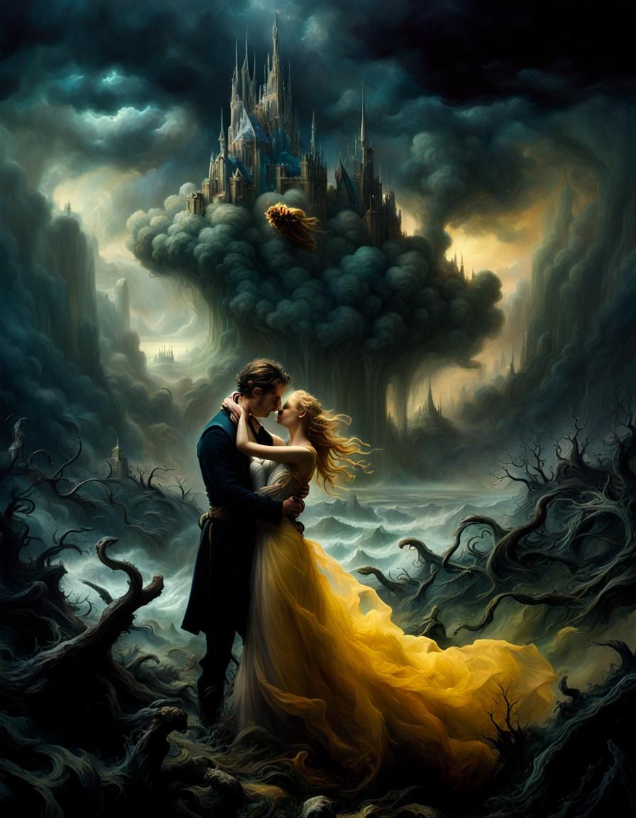 Lovers Embrace on Battlefield in Hyperrealistic Style