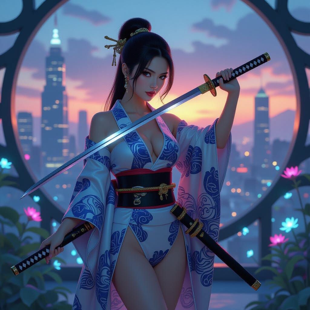 Android Sword Practice in Futuristic Cityscape