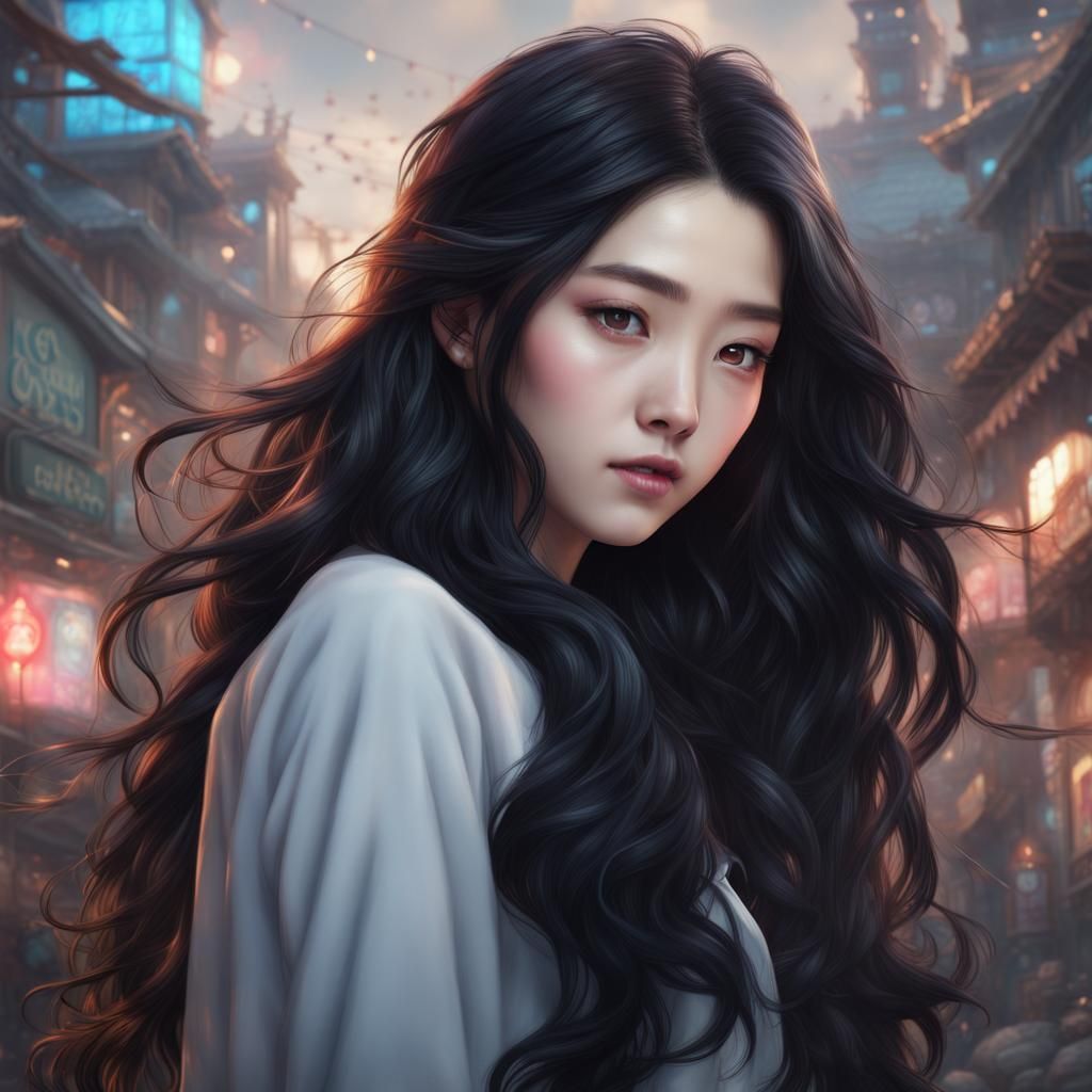 Korean Teen Girl in K-Pop Style, Digital Art