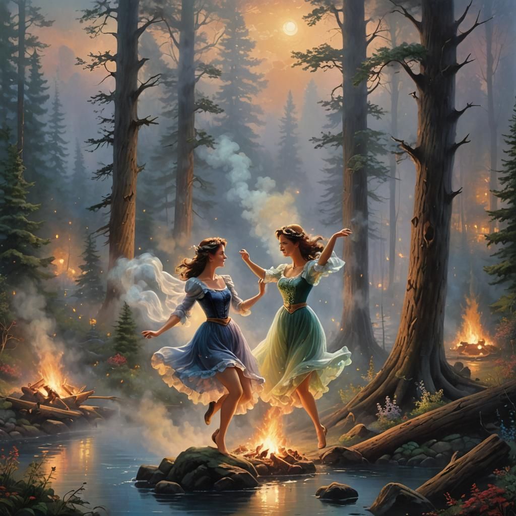 Ethereal Smoke Couple Dancing in Moonlight Forest